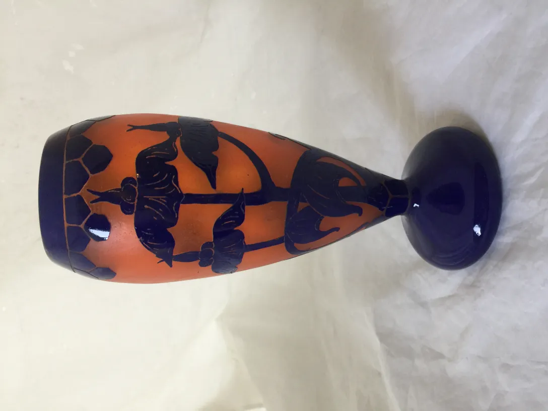Antique signed glass Le Verre in orange and blue floral design.