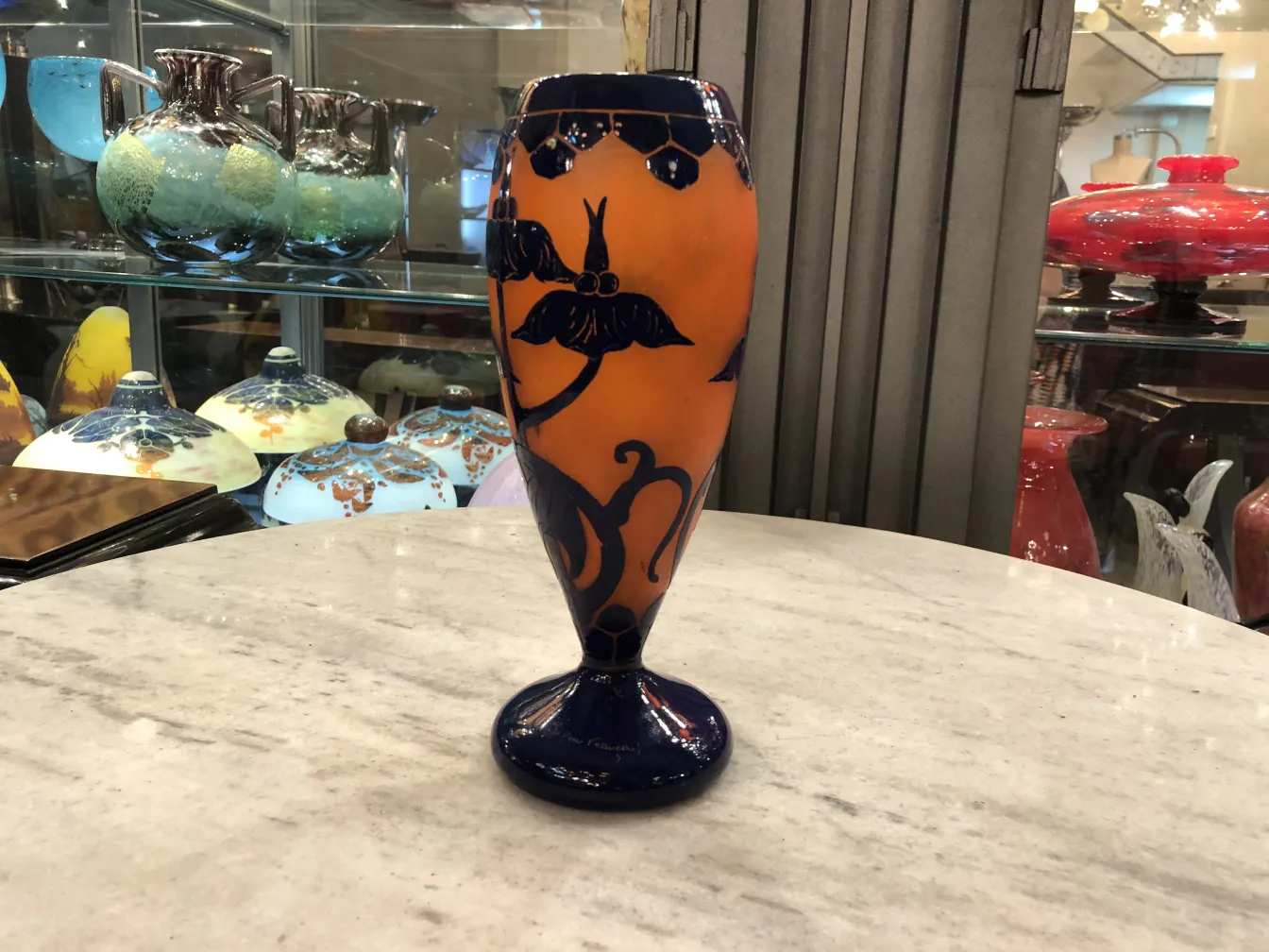 Antique signed glass Le Verre in orange and blue