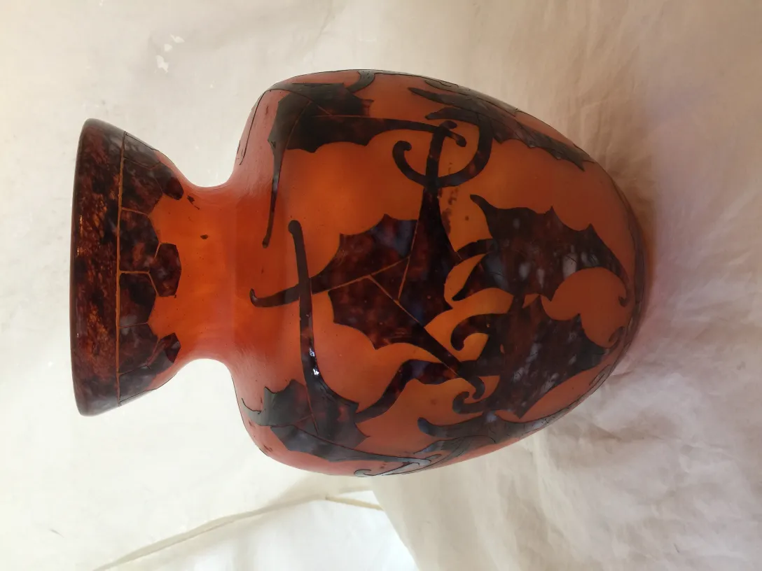antique signed glass vase le verre with orange and black decorations