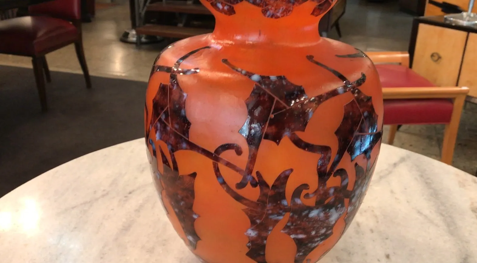 signed glass le verre with decorative details in orange and brown