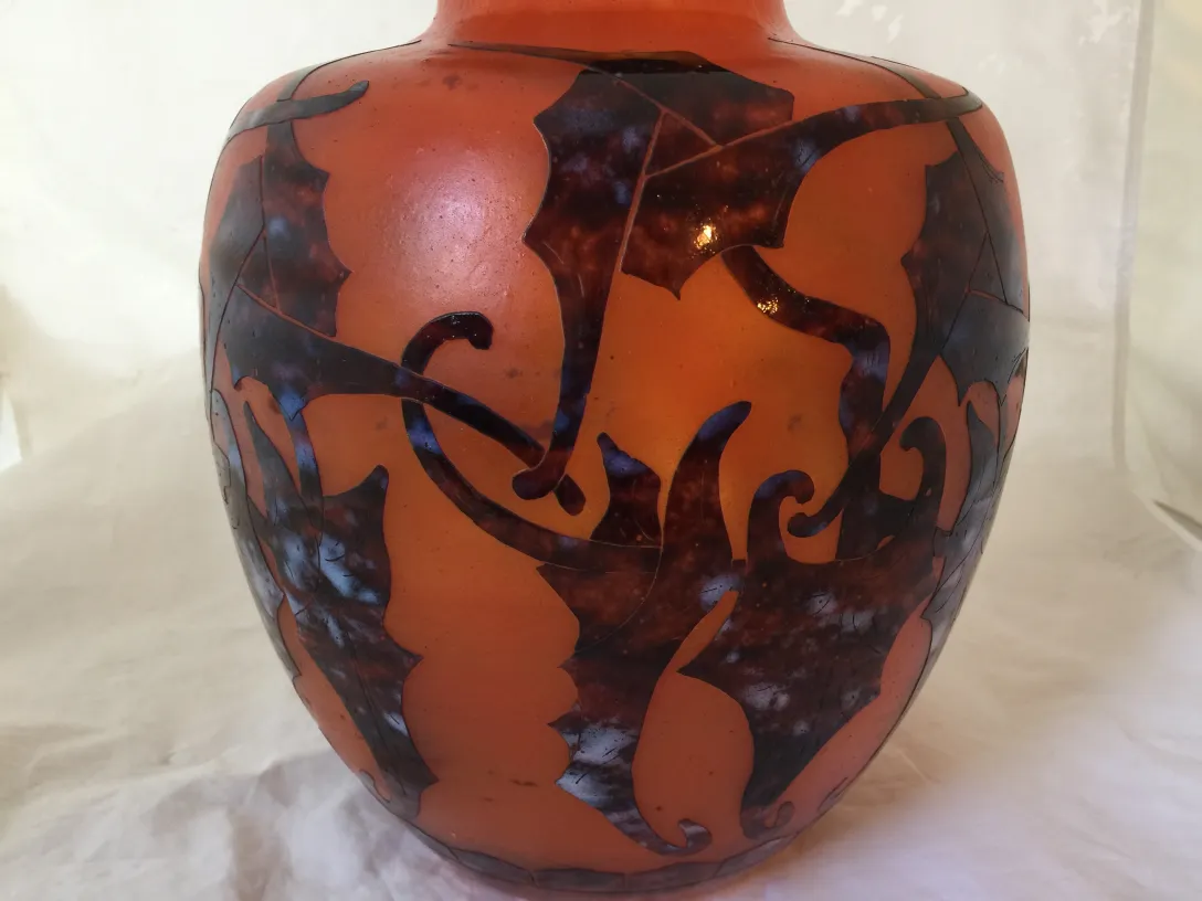 Antique signed glass Le Verre with intricate amber and black decoration.