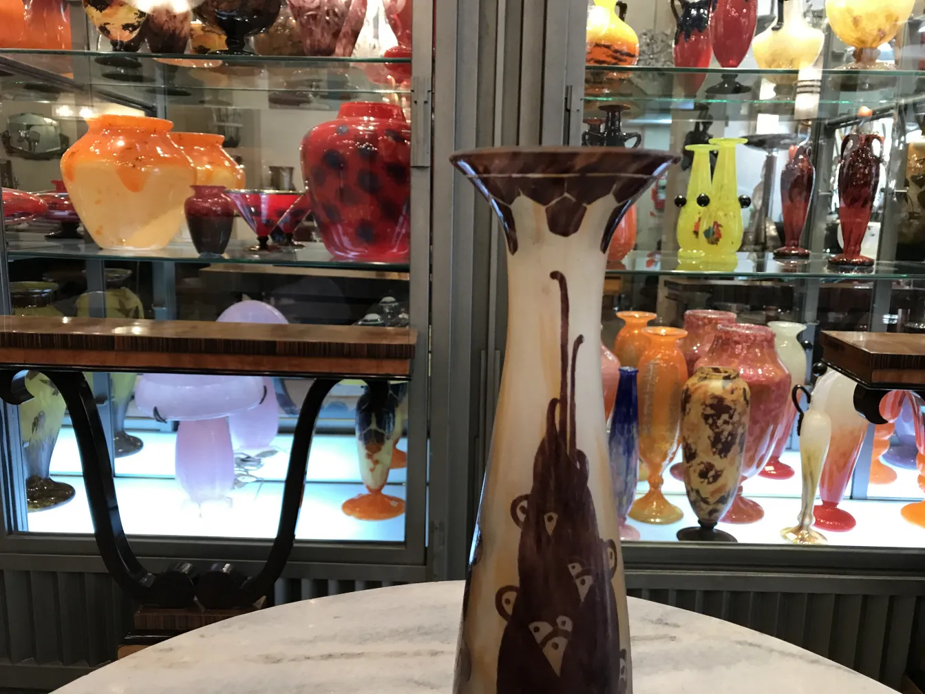 Antique glass vase signed Le Verre with decorative design