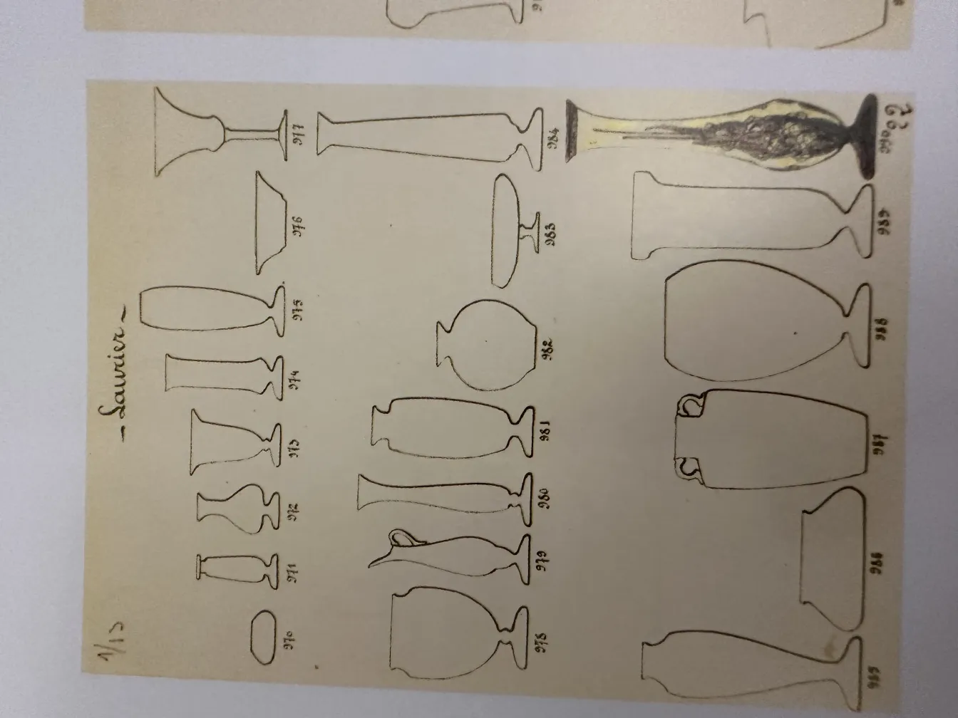 Drawing of antique signed glass Le Verre on paper, various forms and styles.