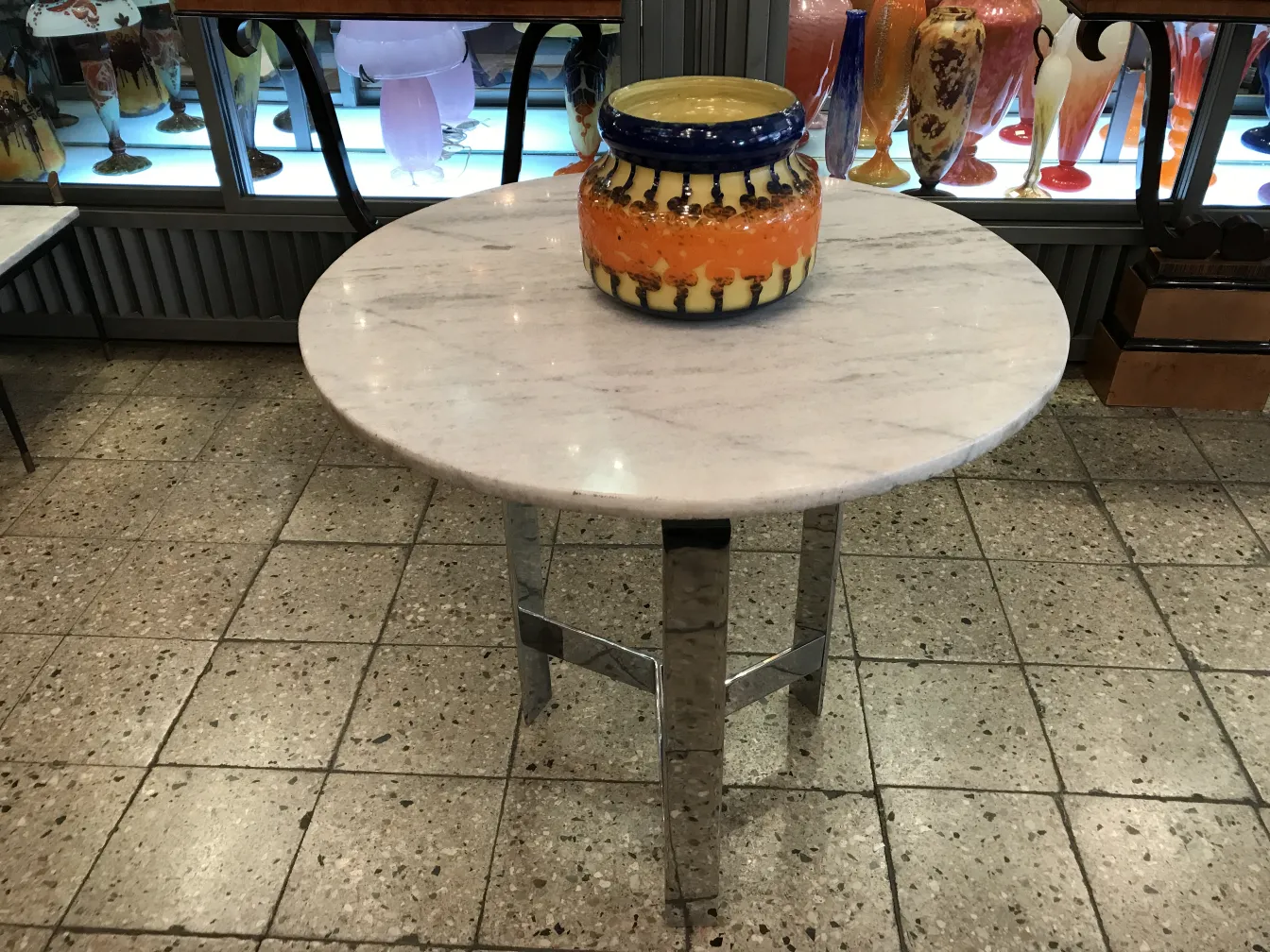 Vetro firmato Le Verre su un tavolo con un vaso decorativo.