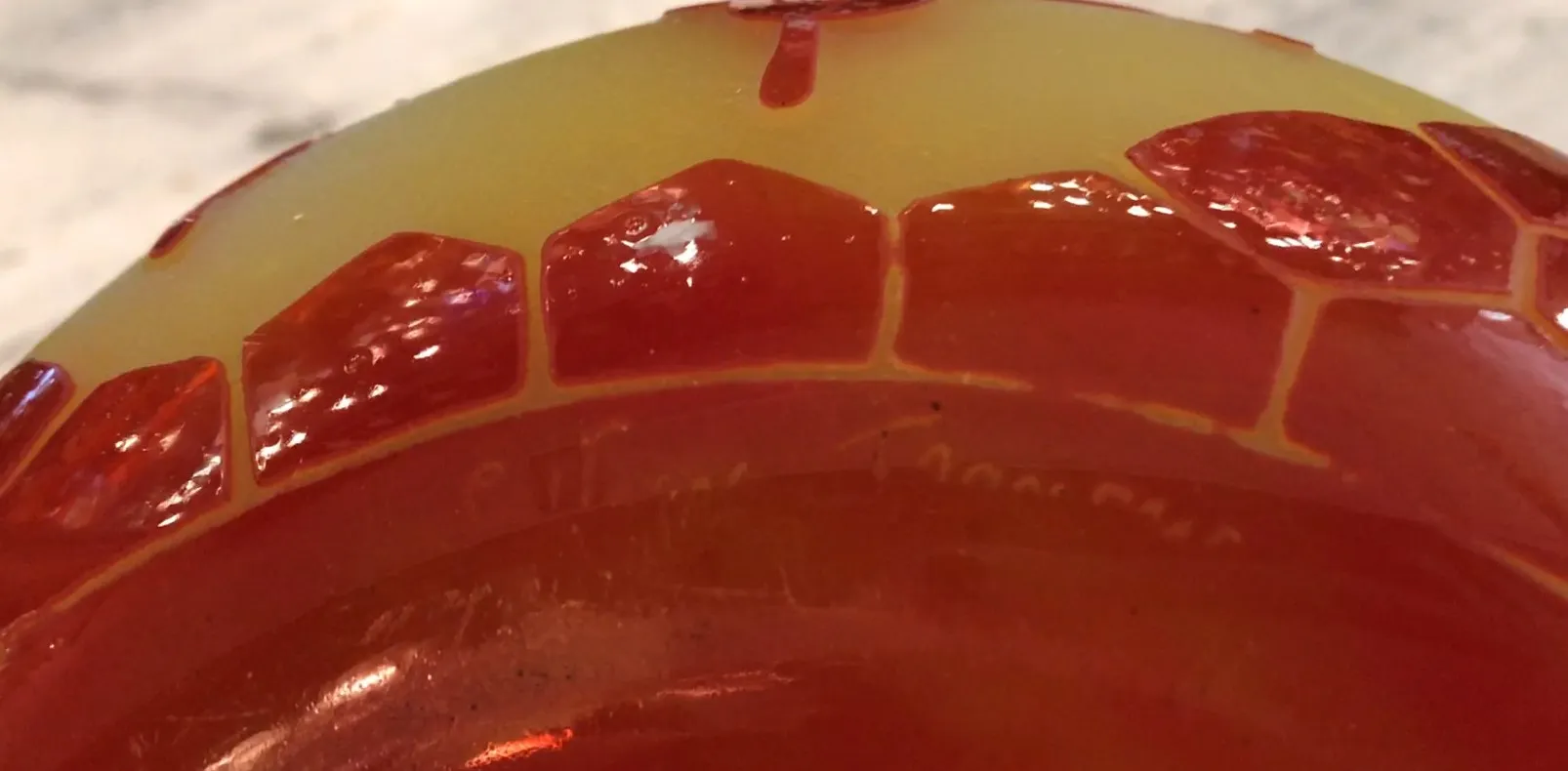 Antique glass with design and signature of Le Verre, red and yellow