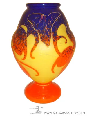 antik dekorative signierte Glasvase Le Verre in orange und blauen Tönen