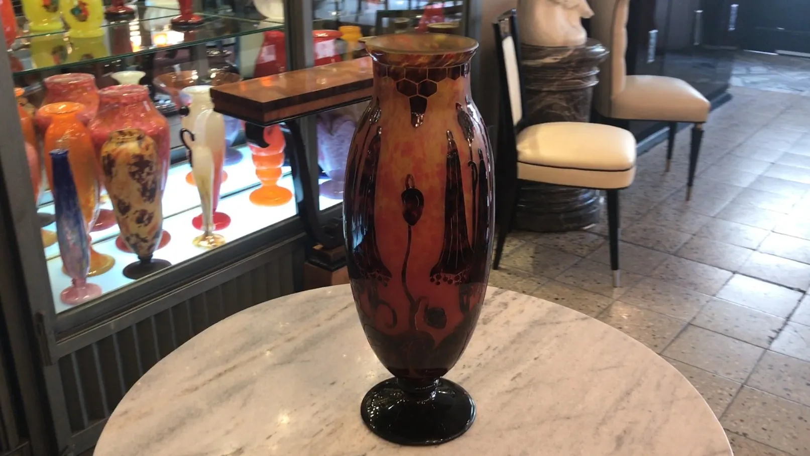 Antique vase with artistic details in warm colors, signed Le Verre.