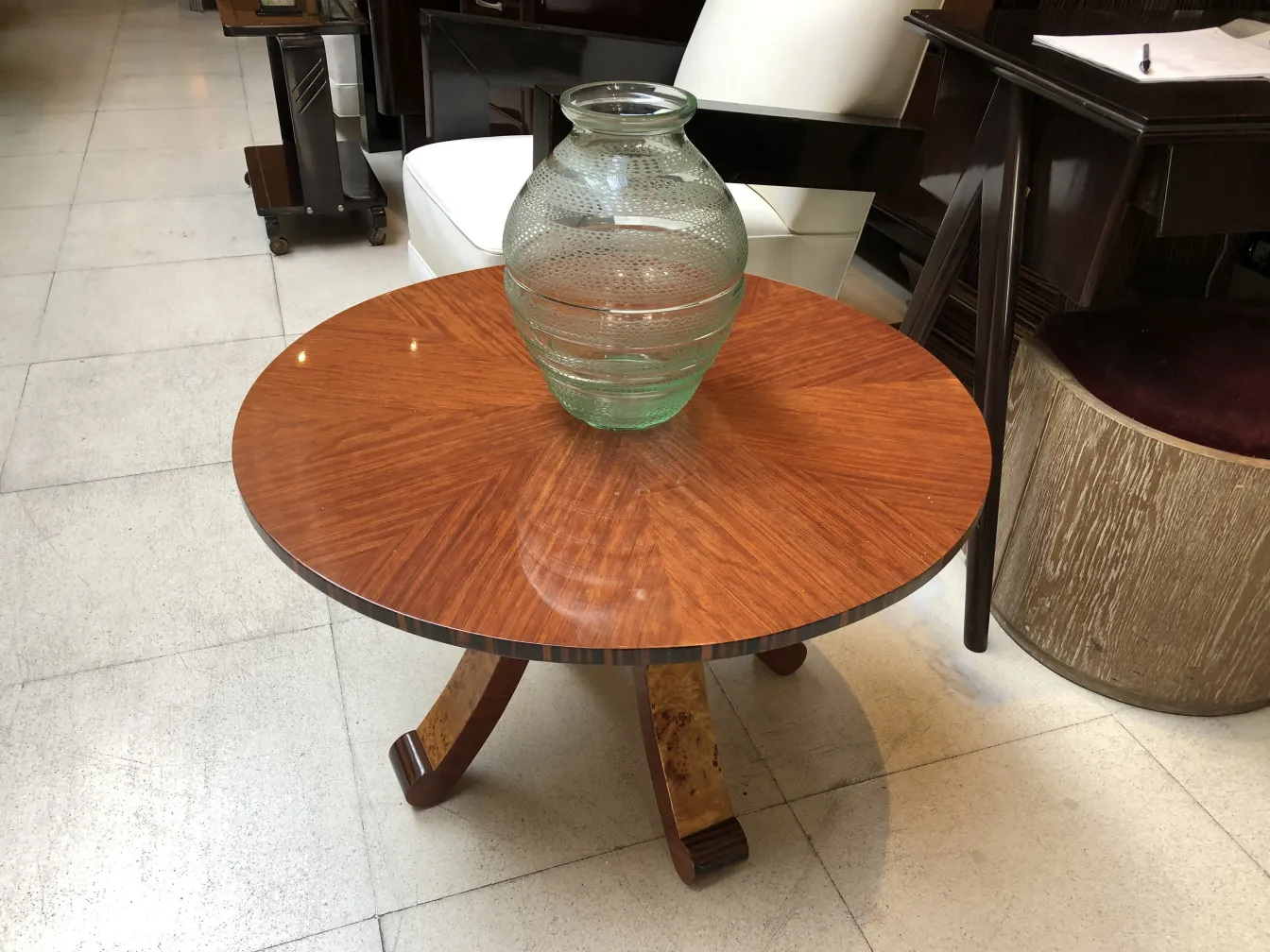 Wooden table with container, signed glass Daum Nancy in the decor.