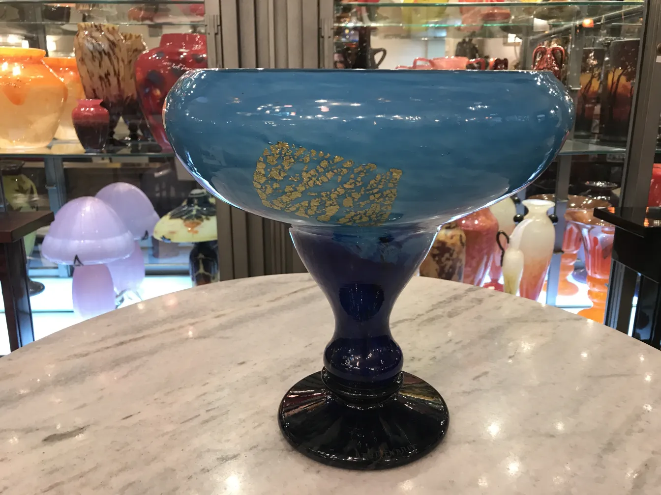 Antique blue glass vase with Daum Nancy signature, gold details