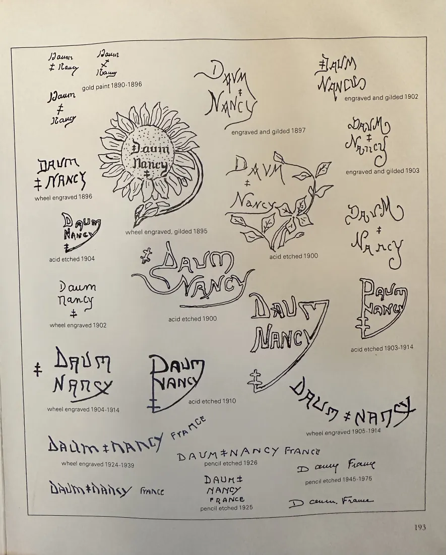 Vidrio firmado Daum Nancy con diseños elaborados en un fondo claro.