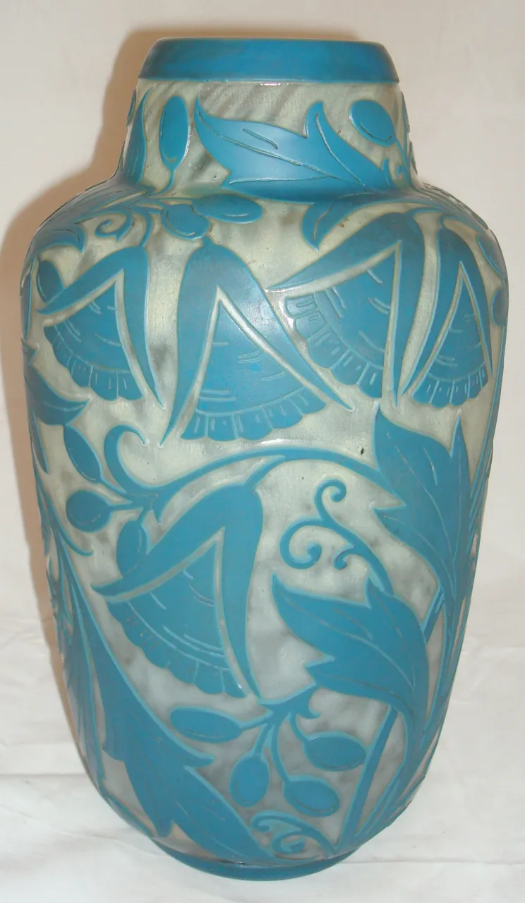 Antique signed glass vase with relief design, blue and clear.