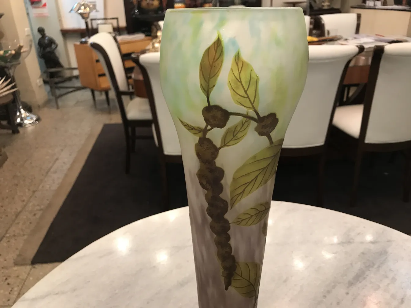 Antique vase with leaves and grapes in signed glass.