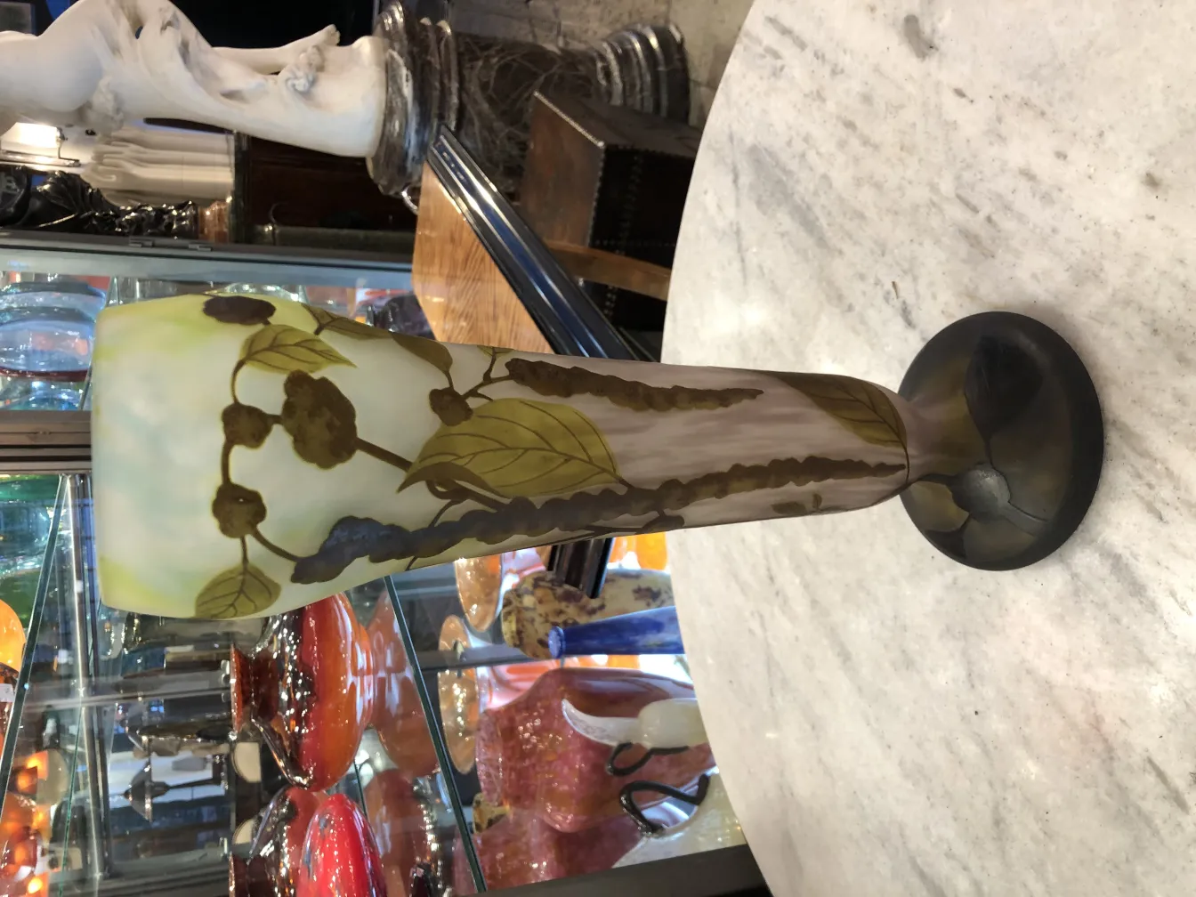 signed glass daum nancy with leaf patterns, antique piece