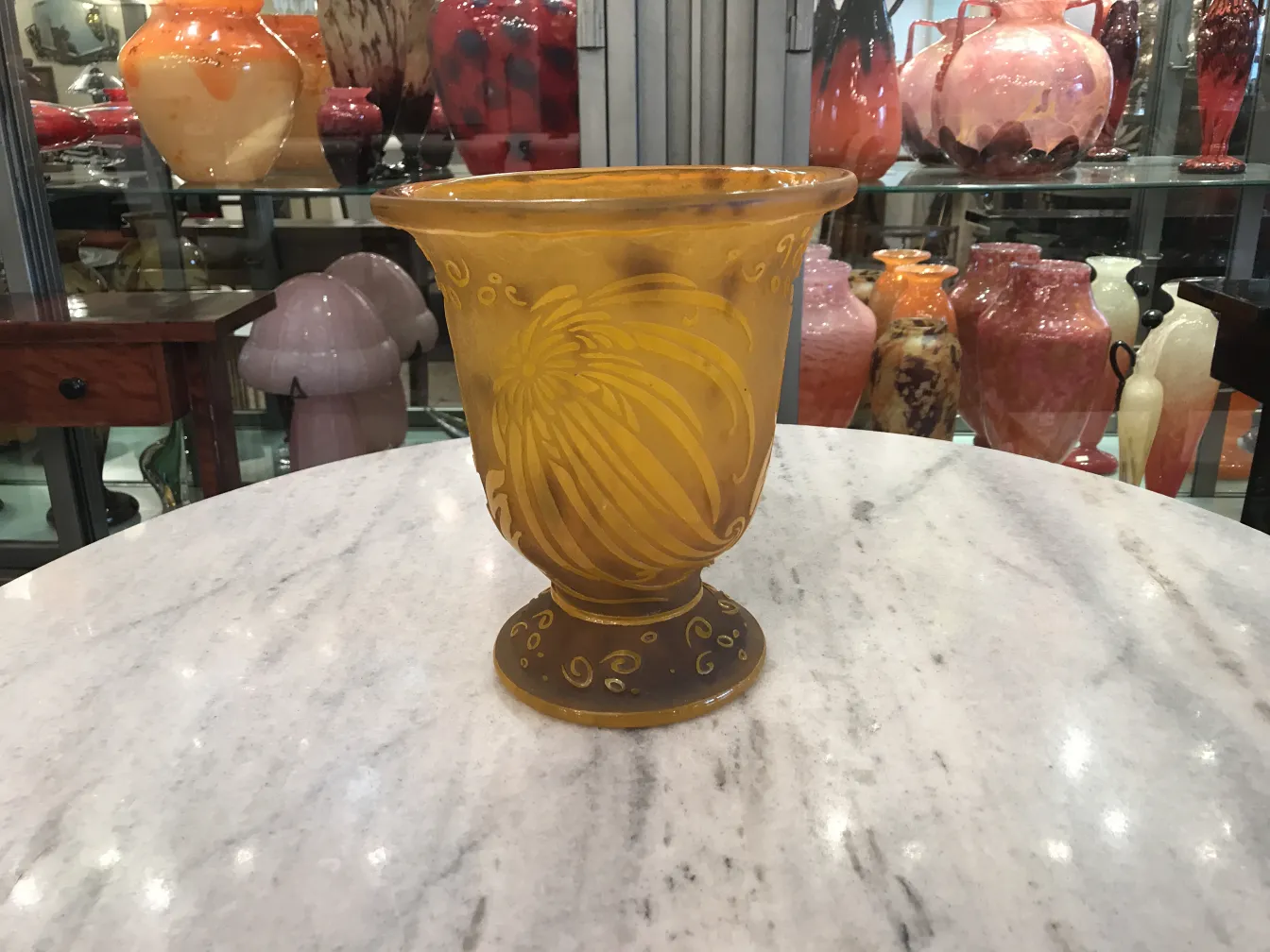 antique glass with decorative design, background of glass vases