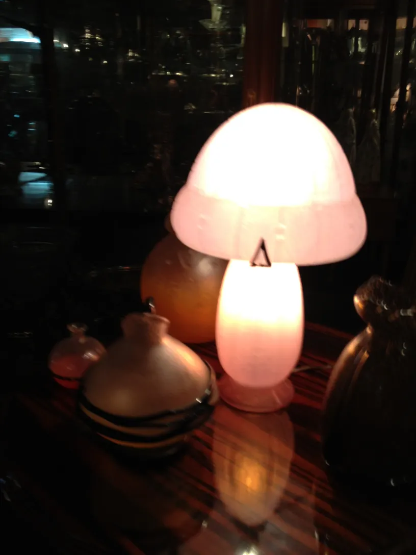 サイン入りグラス Daum Nancyが古典的な環境で他の装飾品と一緒に展示されています。