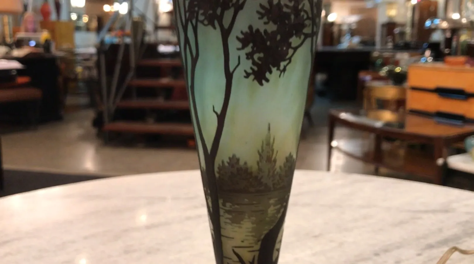 Antique signed glass vase by Daum Nancy featuring a natural landscape