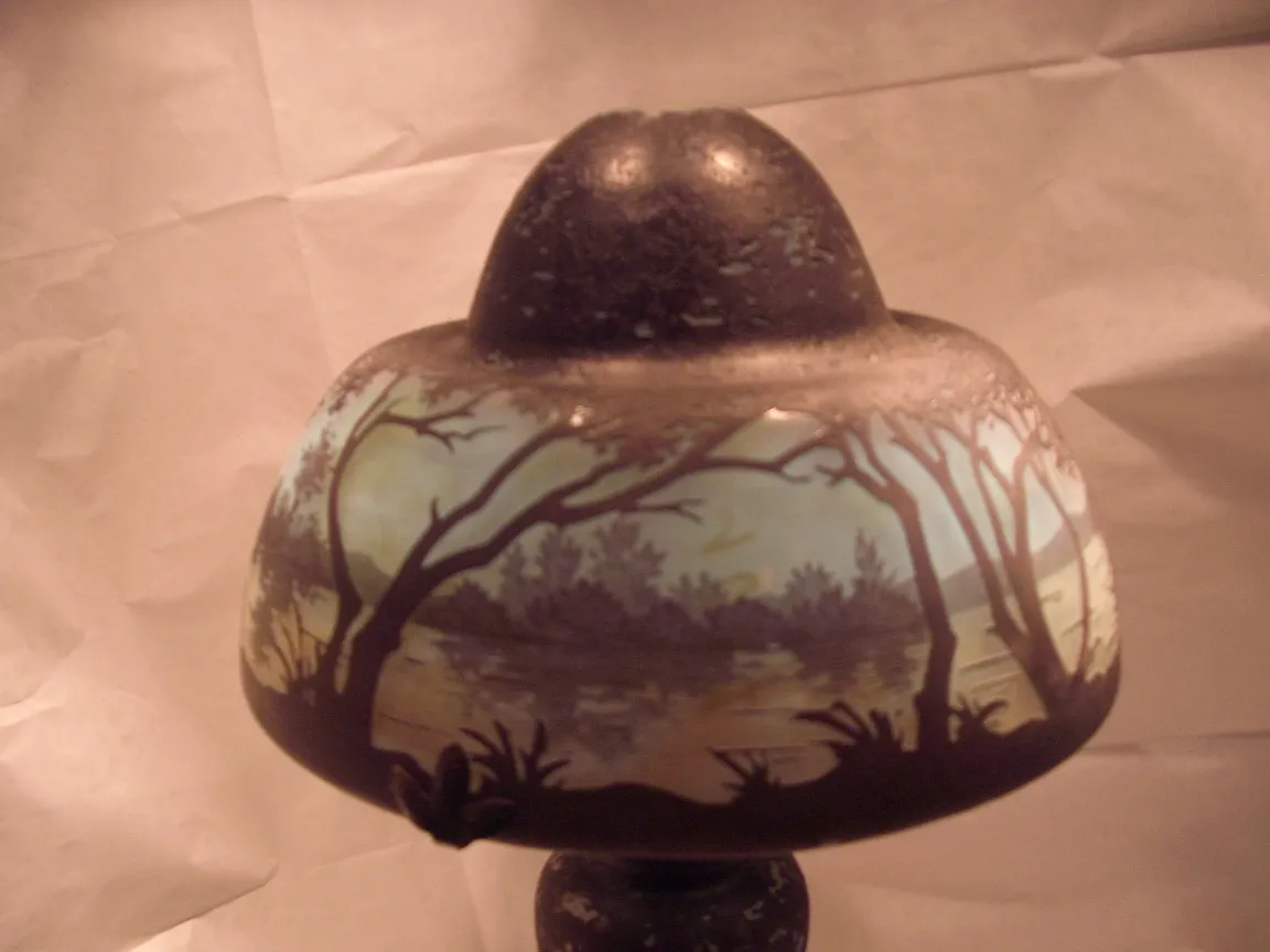 antique lamp with landscape design in signed glass
