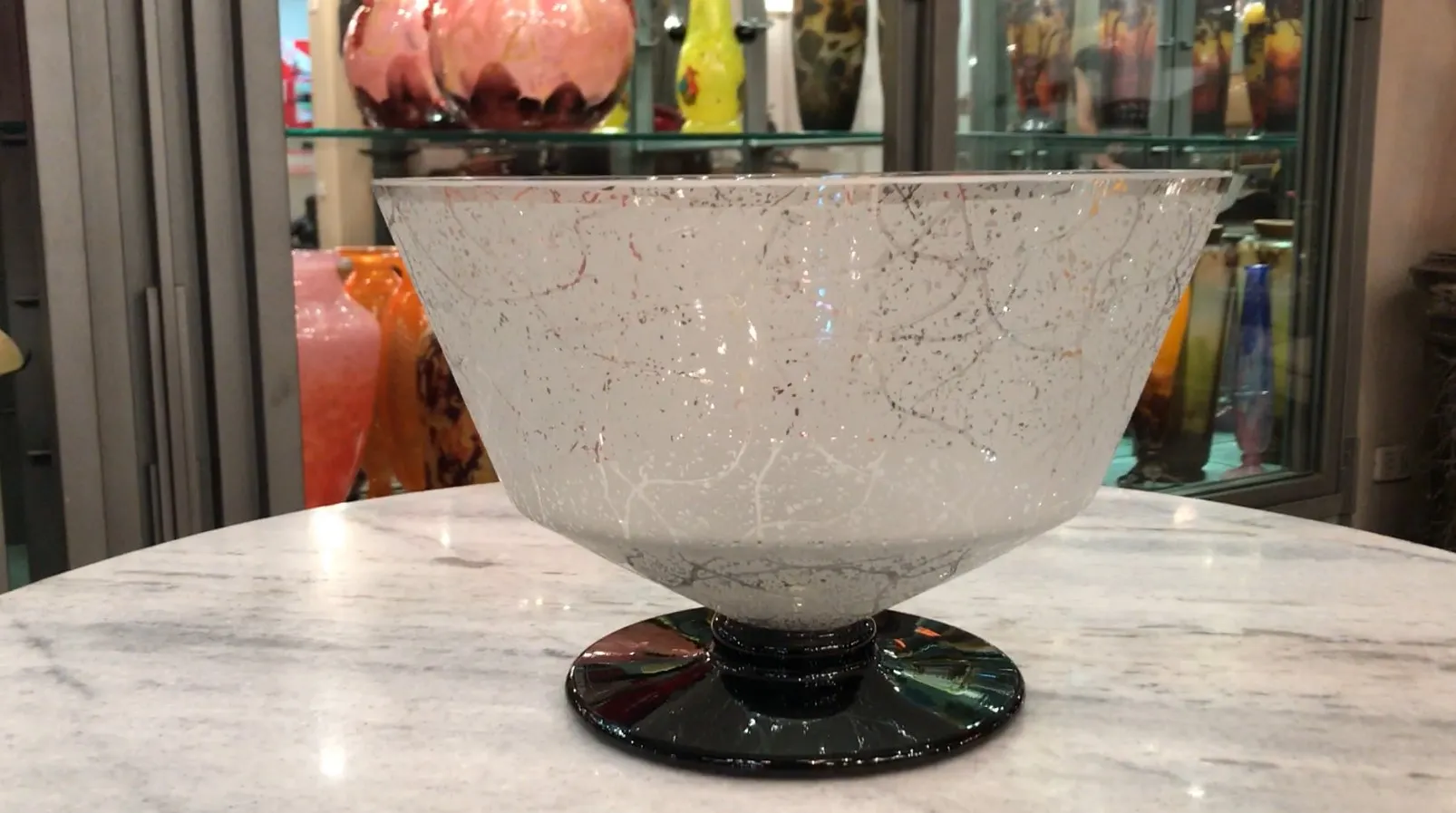 Antique bowl, signed glass Daum Nancy, elegant design, colorful background