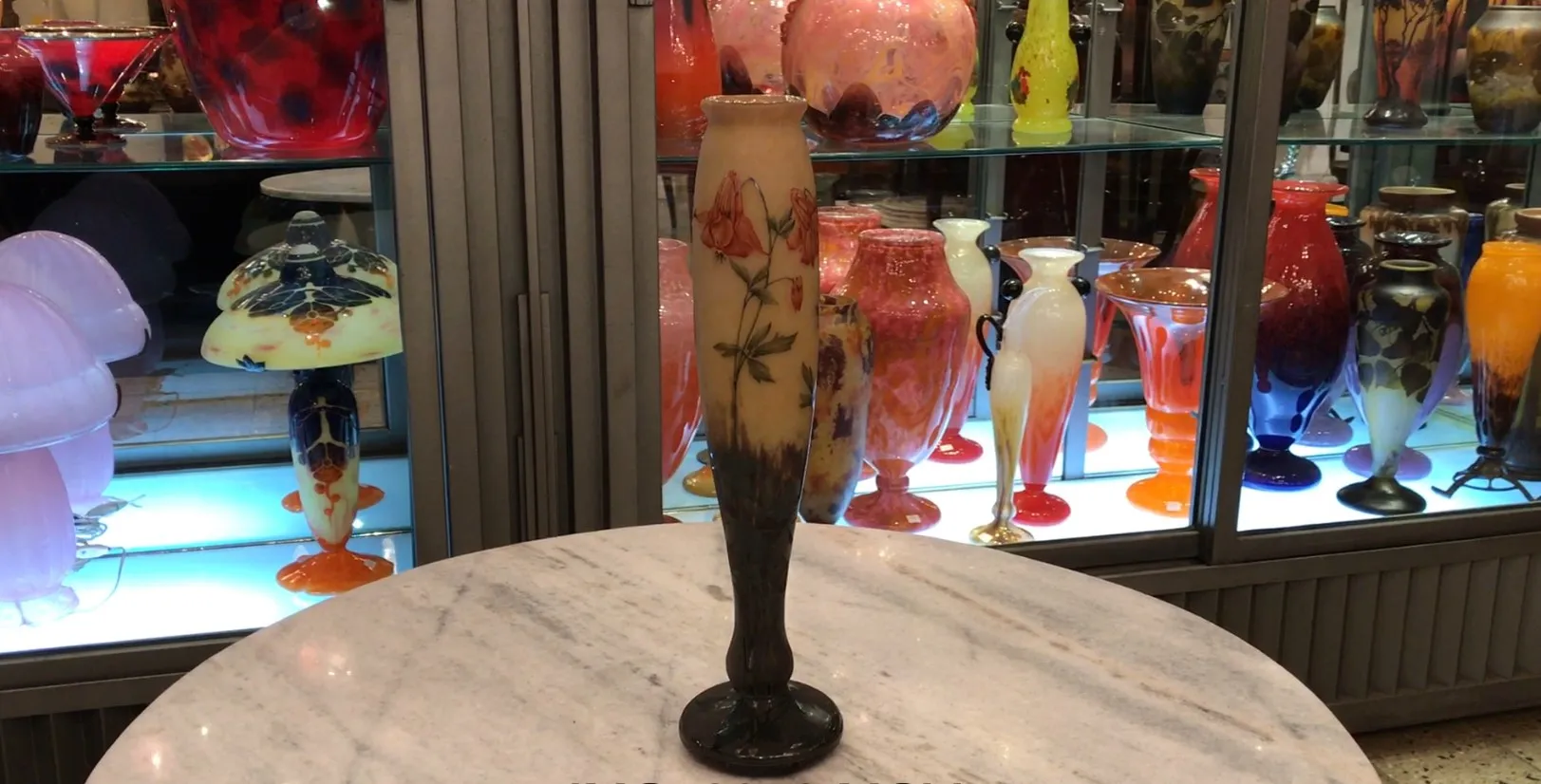 antique vase with floral decoration of signed glass