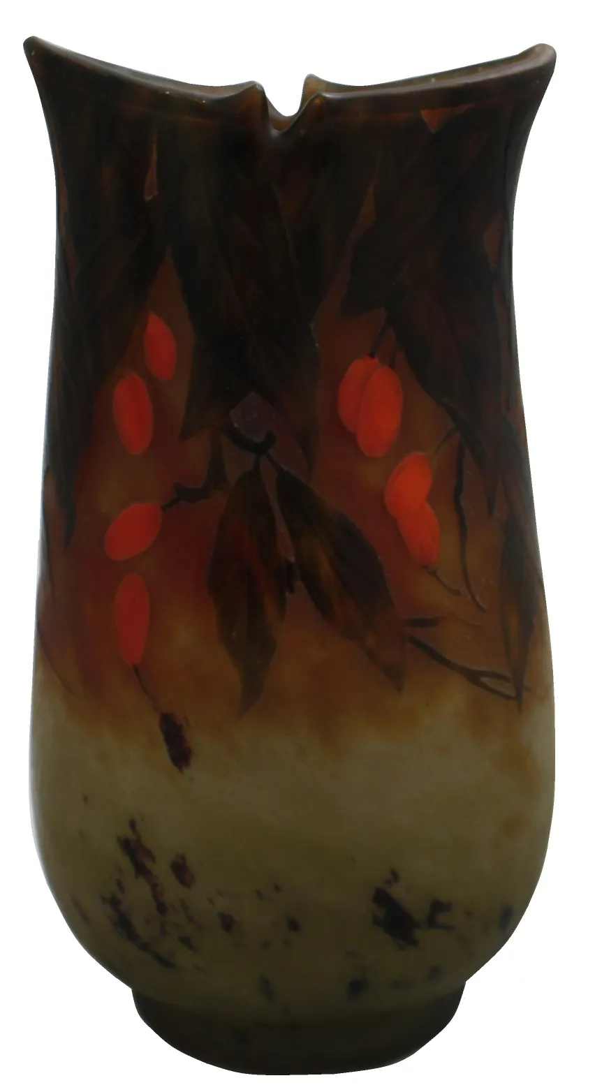 Antique signed glass vase by Daum Nancy, decorated with leaves and fruit