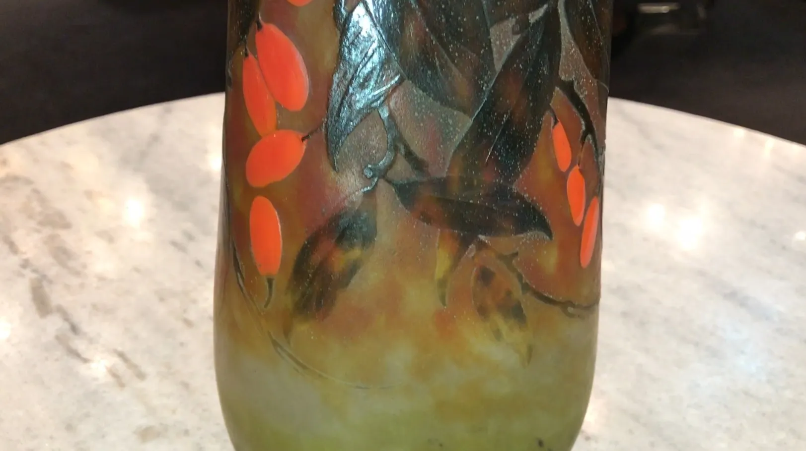 antique glass signed Daum Nancy with red and green design