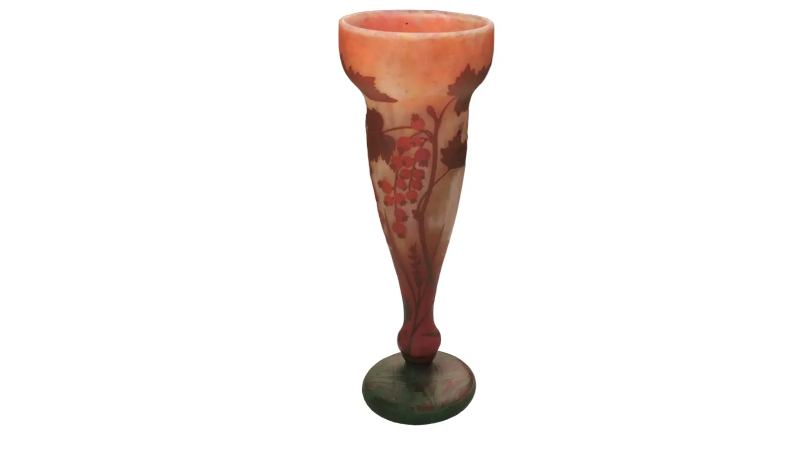 vidro assinado com desenho de folhagem, base verde