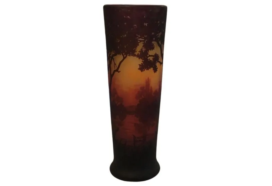 signiertes glas daum nancy mit landschaft von sonnenuntergang und bäumen