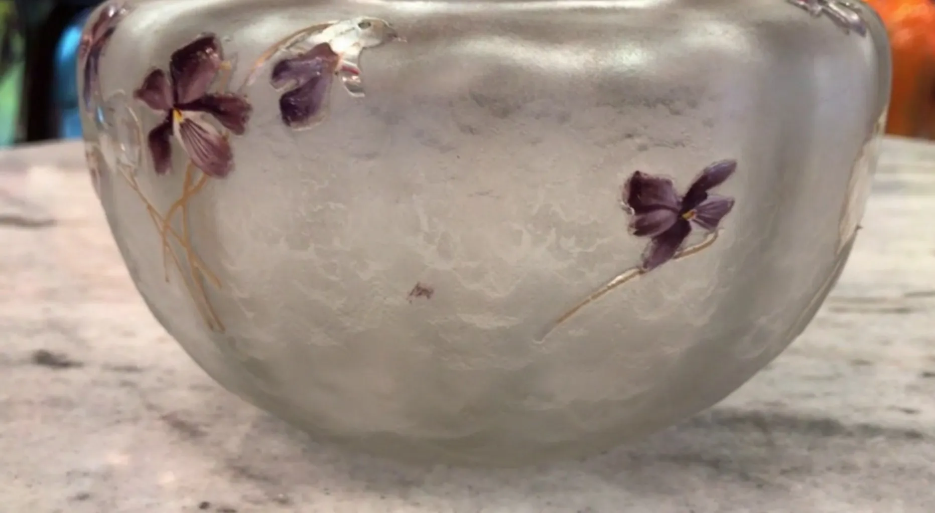 Antique signed glass Daum Nancy featuring purple flowers, elegant and decorative.