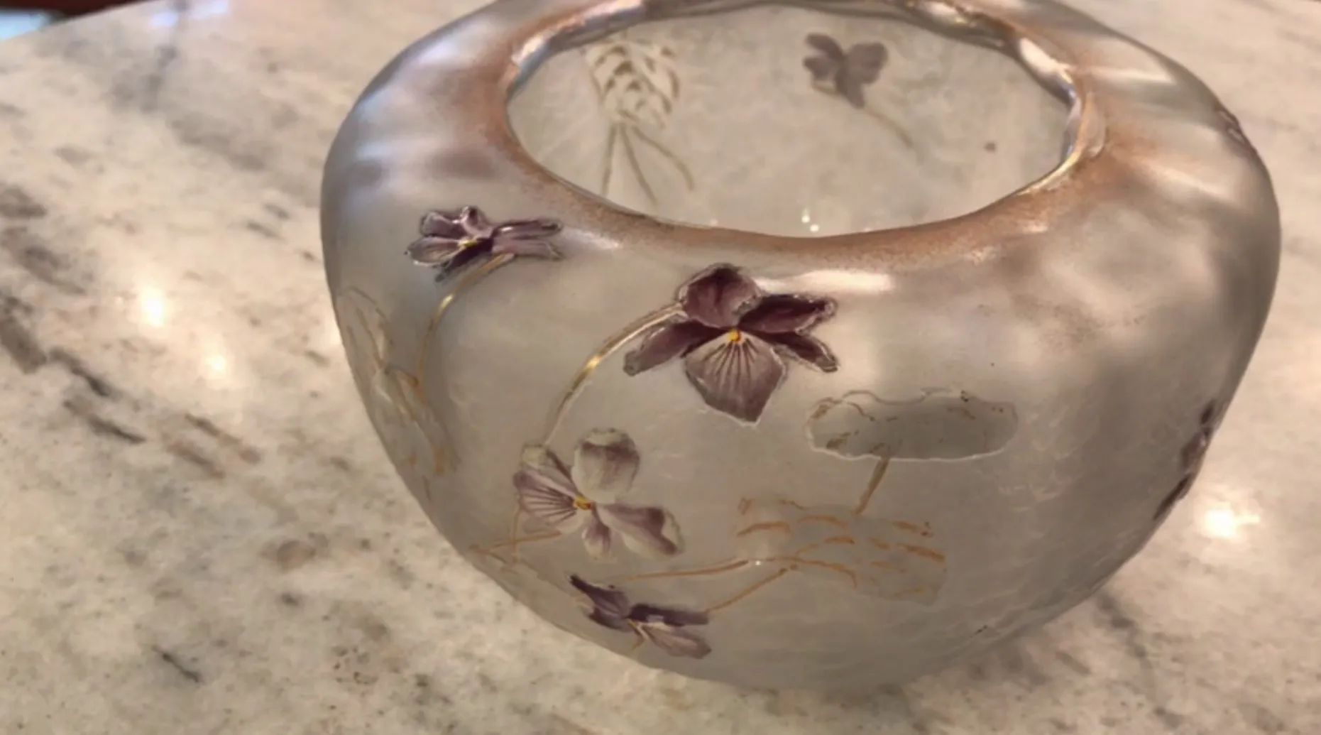 antique signed glass Daum Nancy featuring purple flowers on a light background