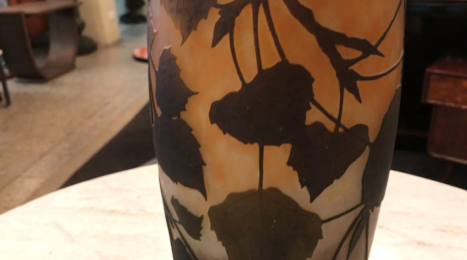 Signed Daum Nancy glass with dark leaf design, antique