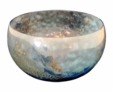 Bowl de vidro assinado com um design abstrato em tons de azul e dourado