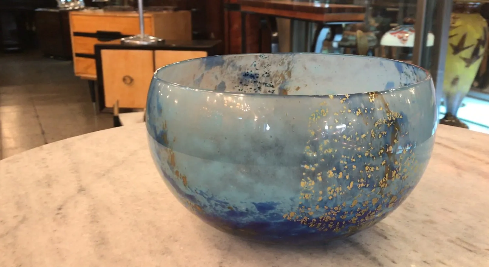 blue glass bowl signed daum nancy with golden details