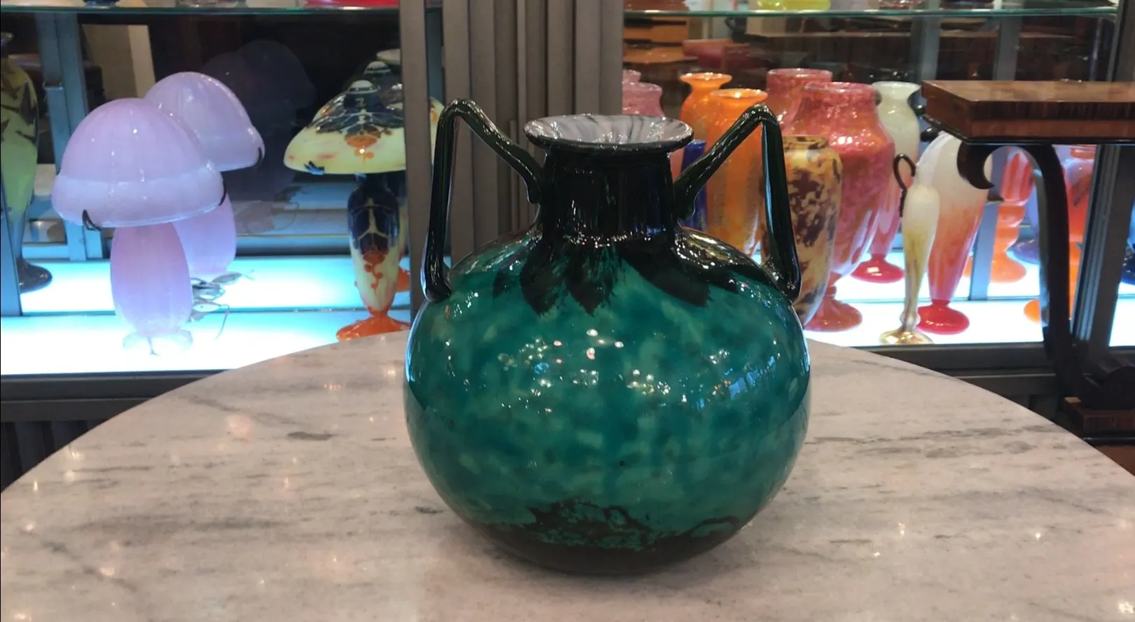 green signed daum nancy glass with handles, antique