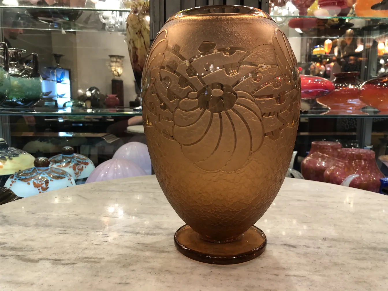 Antique signed glass Charder with floral design background