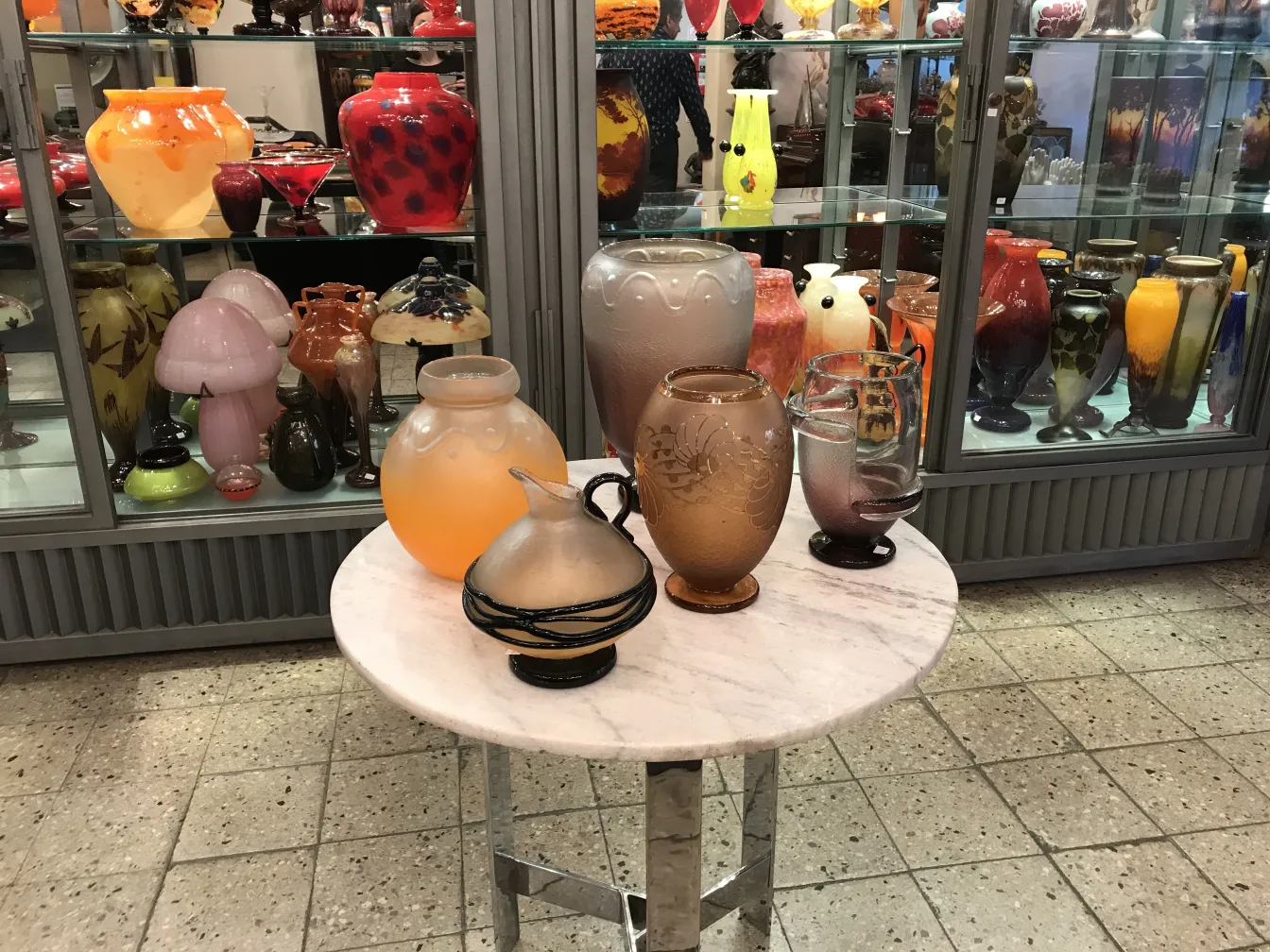 SIGNED GLASS Charder on table with other antiques