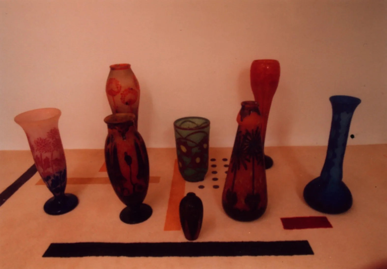 Collection of antique signed glass Charder in various shapes and colors.