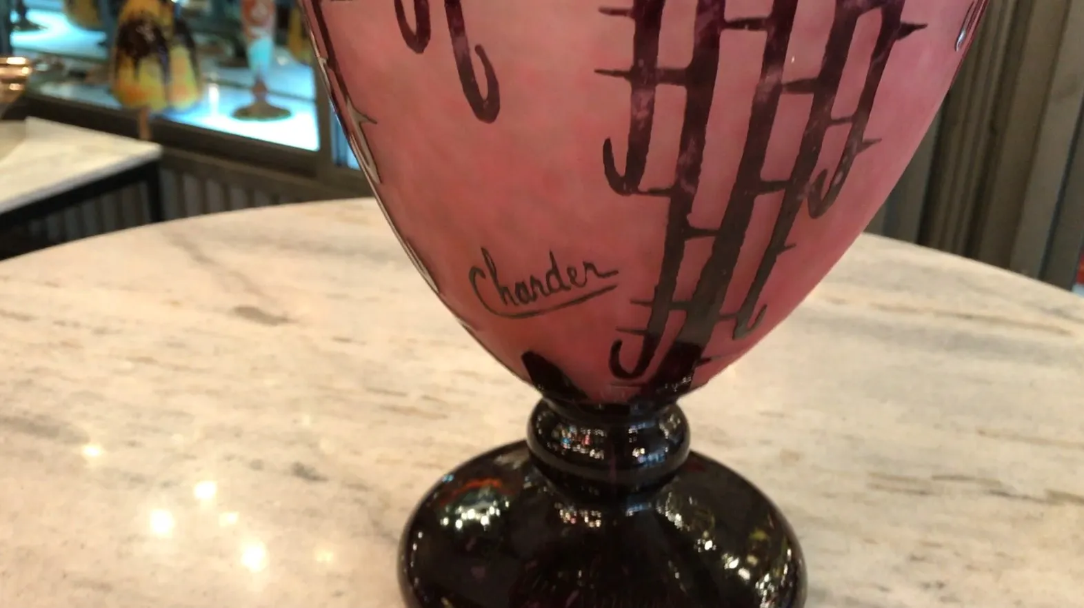 Antique glass signed by Charder with dark base.