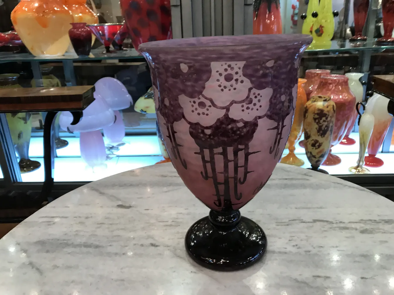 Antique signed glass by Charder, elegantly decorated in purple shades.