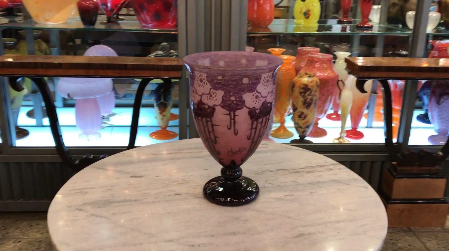 Antique signed glass Charder with elegant decoration in an antique setting