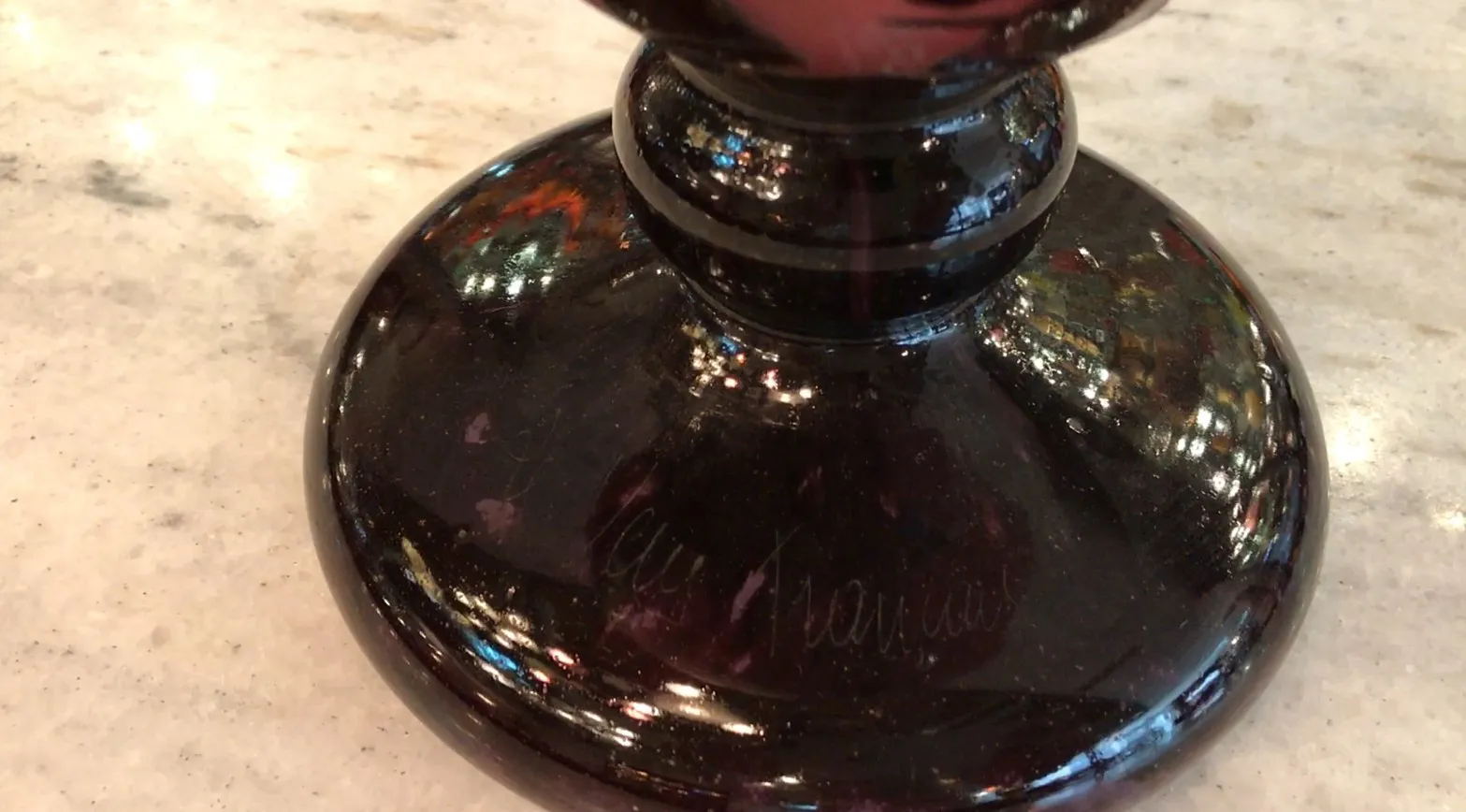 antique signed glass Charder with details on the base