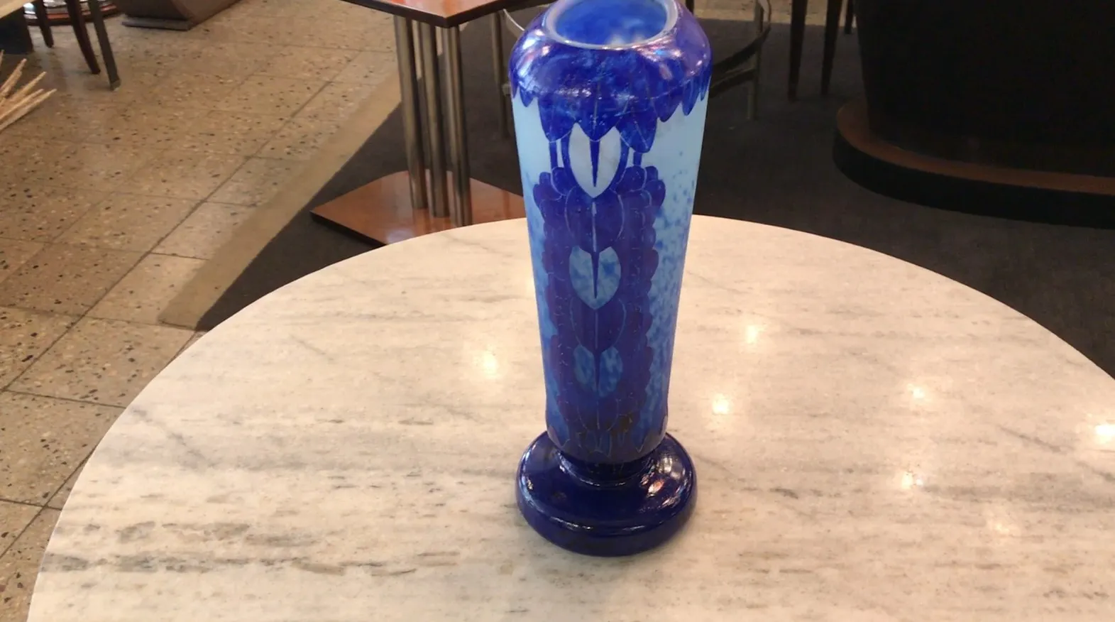 Signed Charder glass featuring decorative blue design