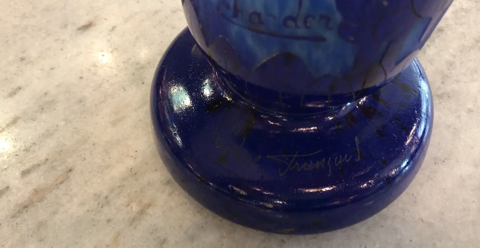 Signed Charder glass with blue details on base