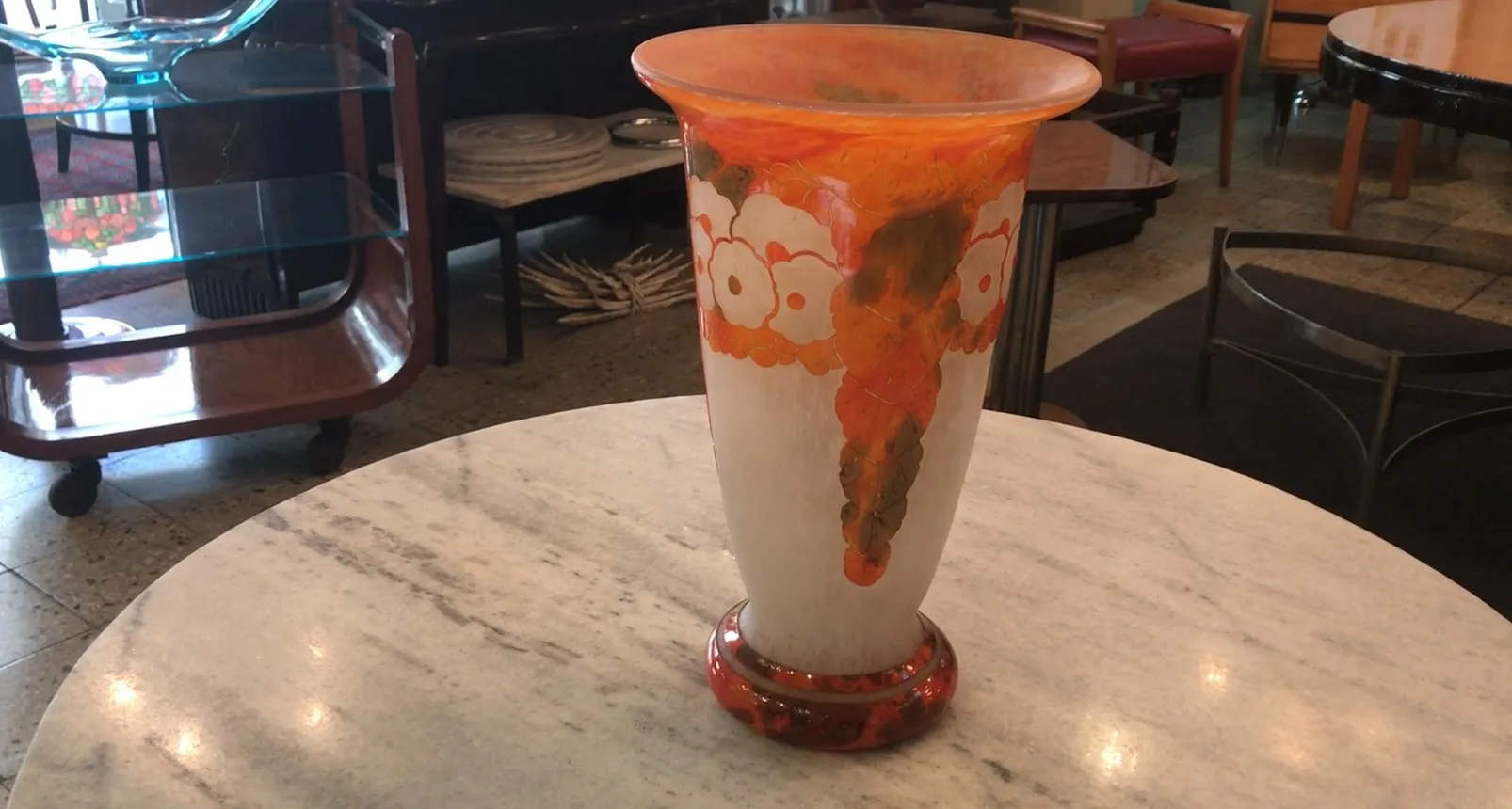 Antique signed glass Charder (French) with orange and white decoration.