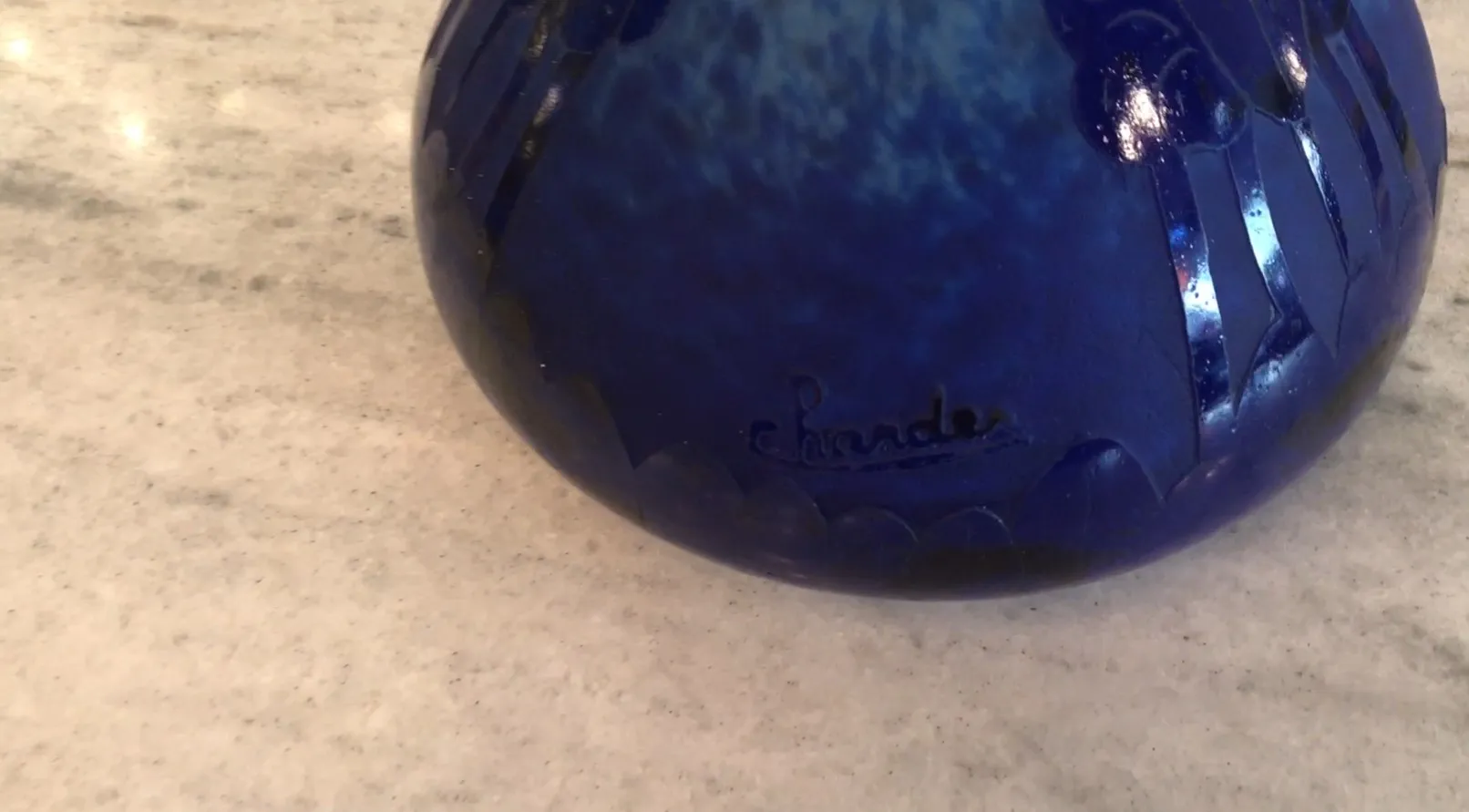 antique signed glass with elegant design in blue