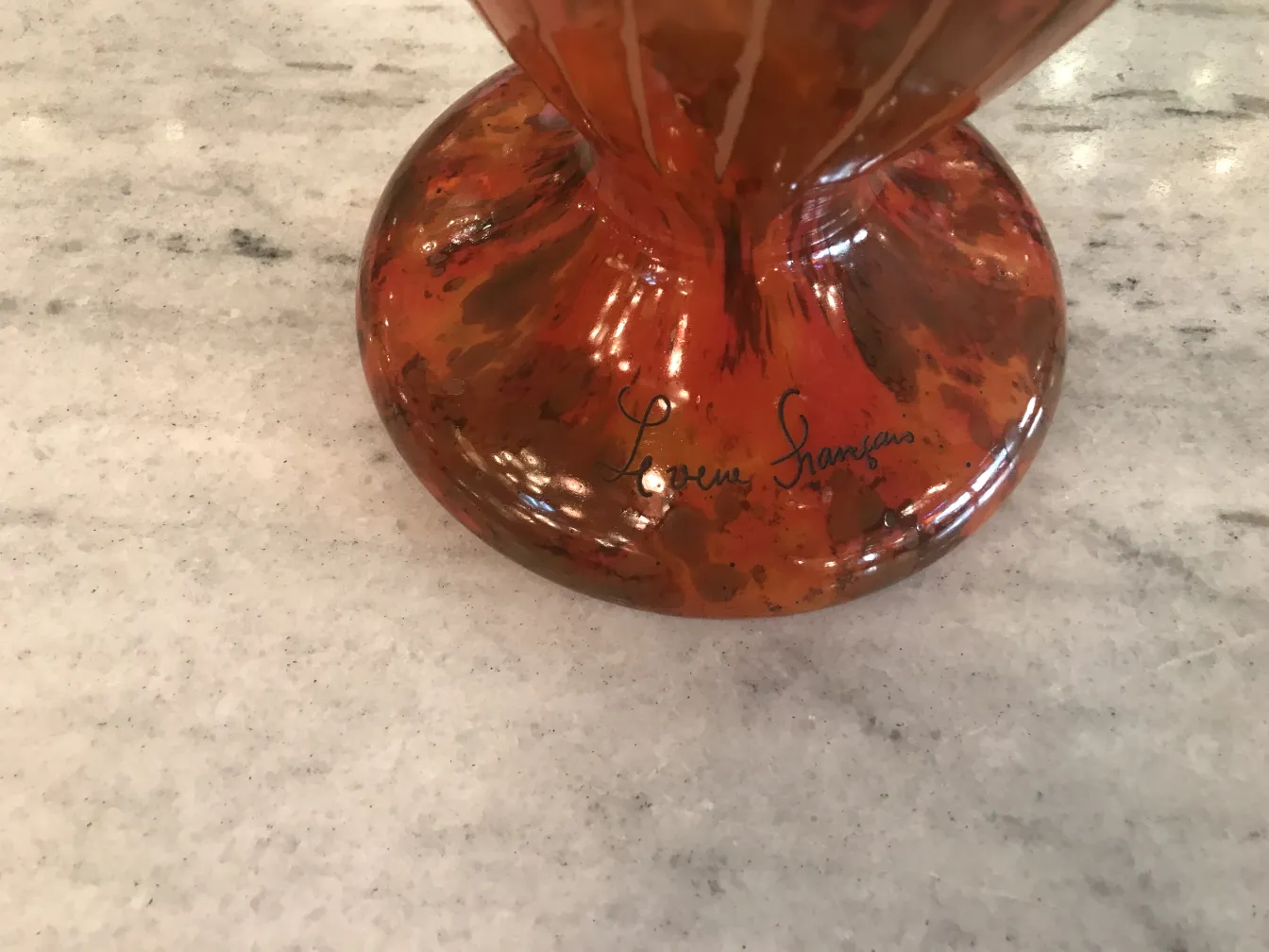 antique glass with visible signature of Charder, red color