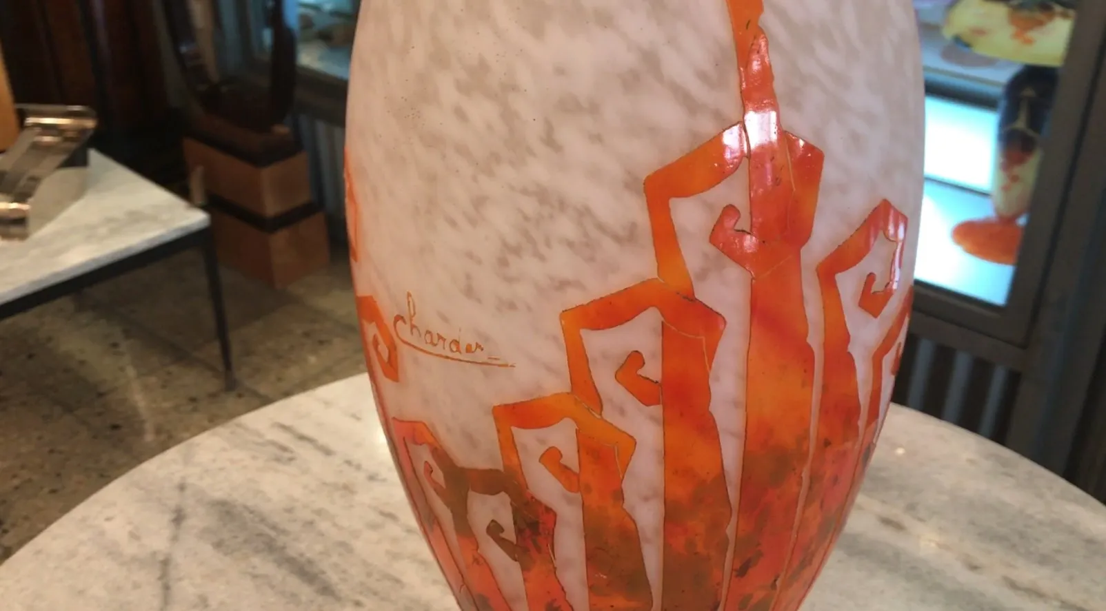 antique signed glass with colorful orange design