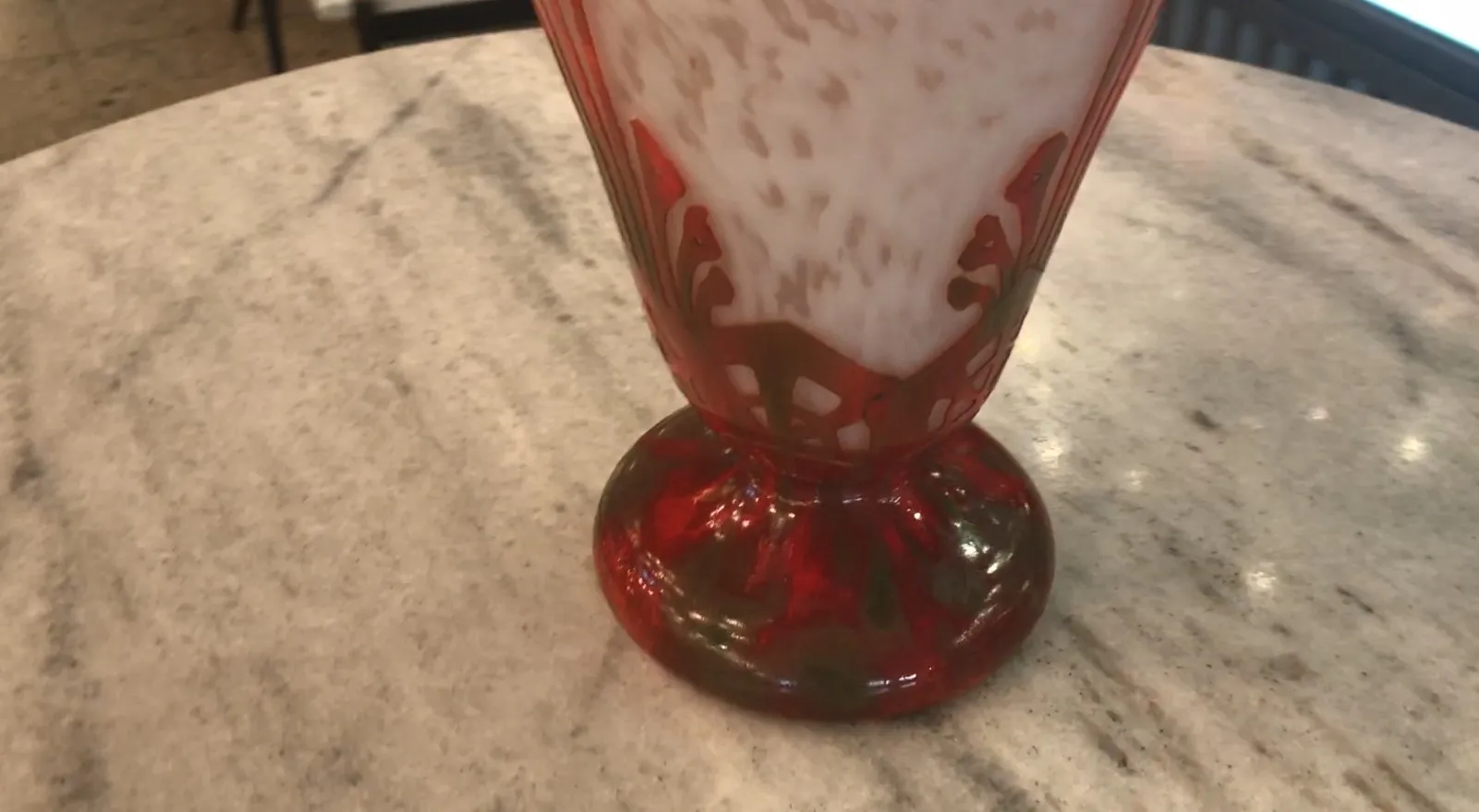 Antique signed glass Charder with red and white base.