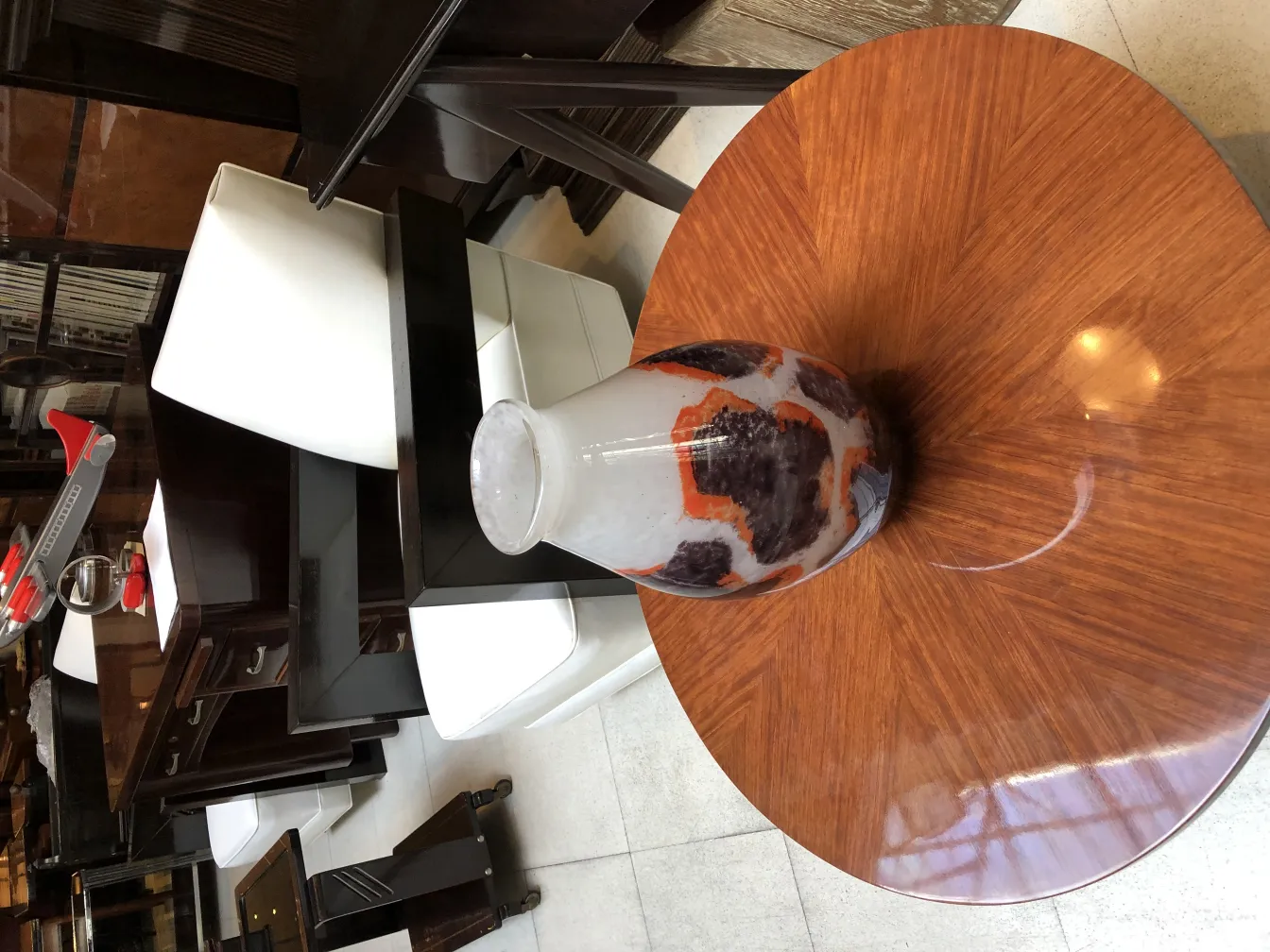 decorative glass vase signed Degué on table