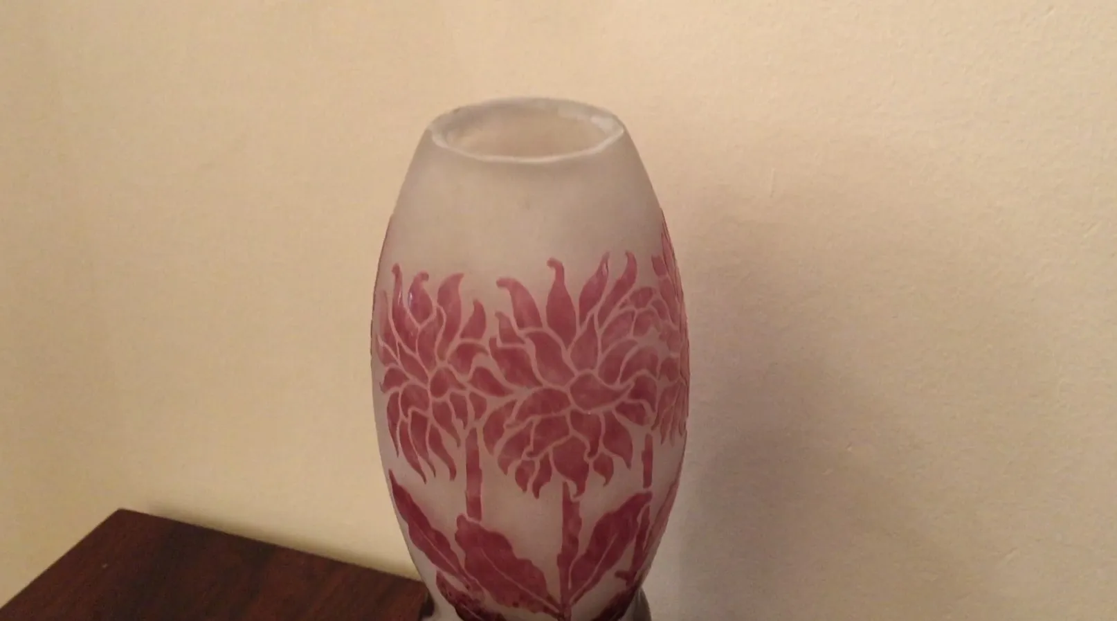 Antique signed Degué glass with detailed floral design.