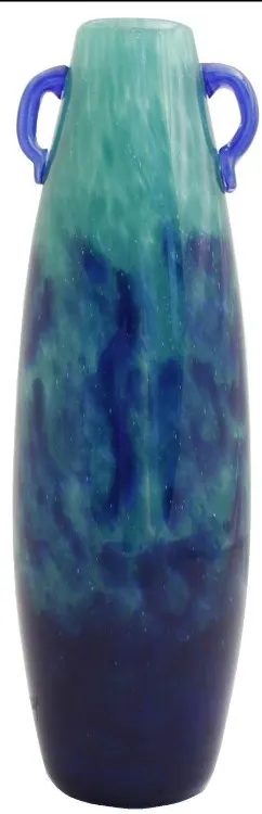 Vaso antico firmato Degué in tonalità blu e verde